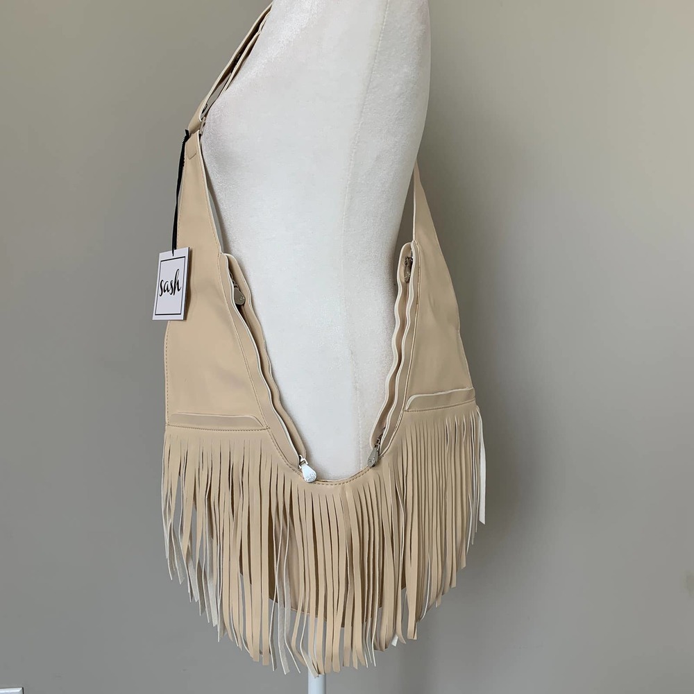 Sash Bag tan faux leather full fringe crossbody handbag purse multiple pockets